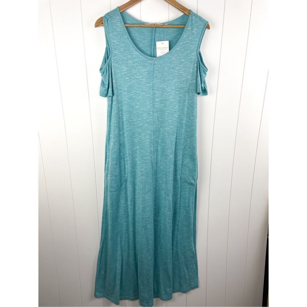 NWT Soft Surroundings Electra Cold Shoulder Maxi Dress Pockets Sky Blue‎ Size PL - Picture 2 of 10